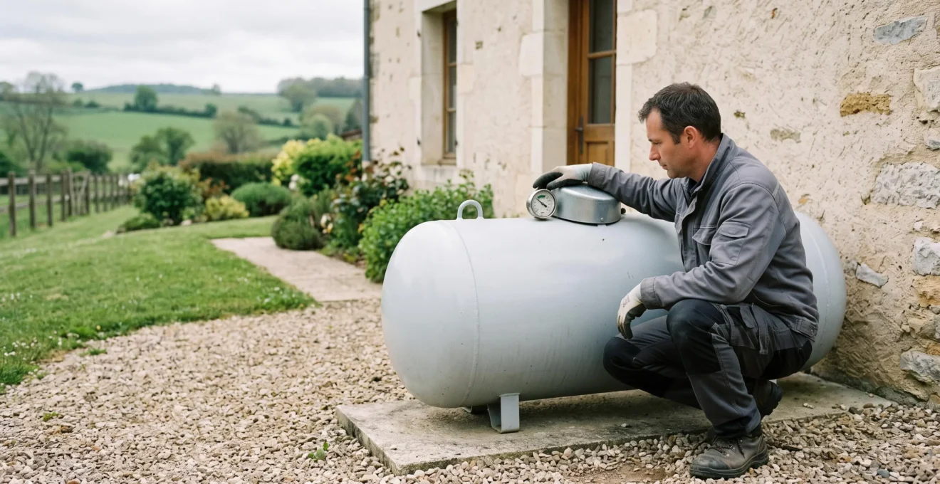 Un technicien vérifie le niveau de la citerne de propane installée derrière l'annexe d'un hôtel rural.