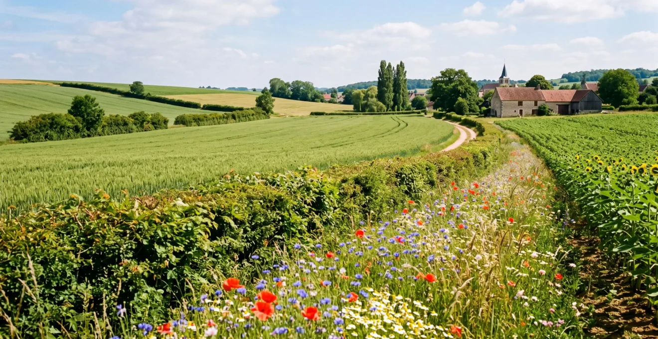 Parcelle agricole avec bandes fleuries et haies accueillant la biodiversité